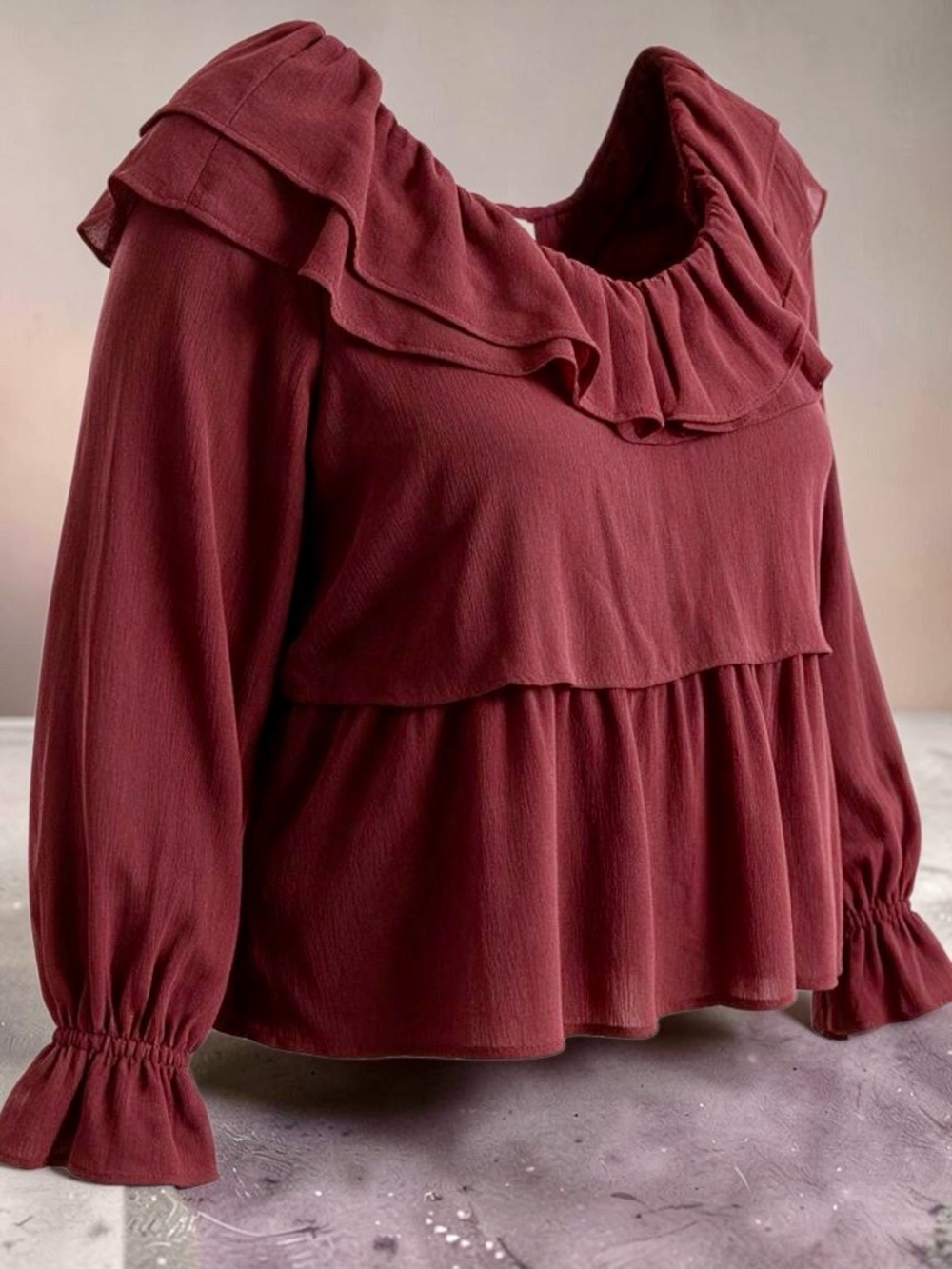 Time and Tru Ruffle Neck Blouse Wine Punch Boho Long Sleeve Top Size L 12-14 NWT